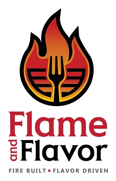 Flame & Flavor logo. Fire built, flavor driven.