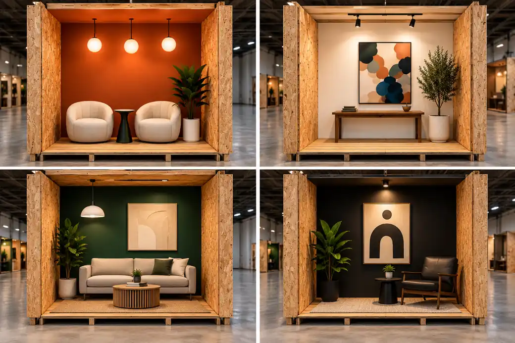 Rendering of four capsule lounges, each styled with its own wall color, seating and a featured piece